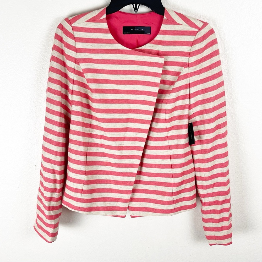 THE LIMITED Linen Blend Striped Asymmetrical Hem Snap Closure Lined Blazer XS